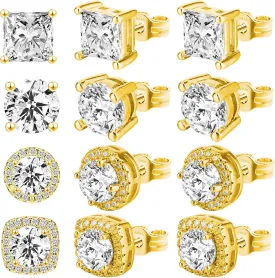 4 Pair Earrings Studs for Men Gold Cubic Zirconia, Ymapinc Surgical Steel CZ Studs Earrings for Men Women, 4 Models Round and Square Stud Teardrop Shapes