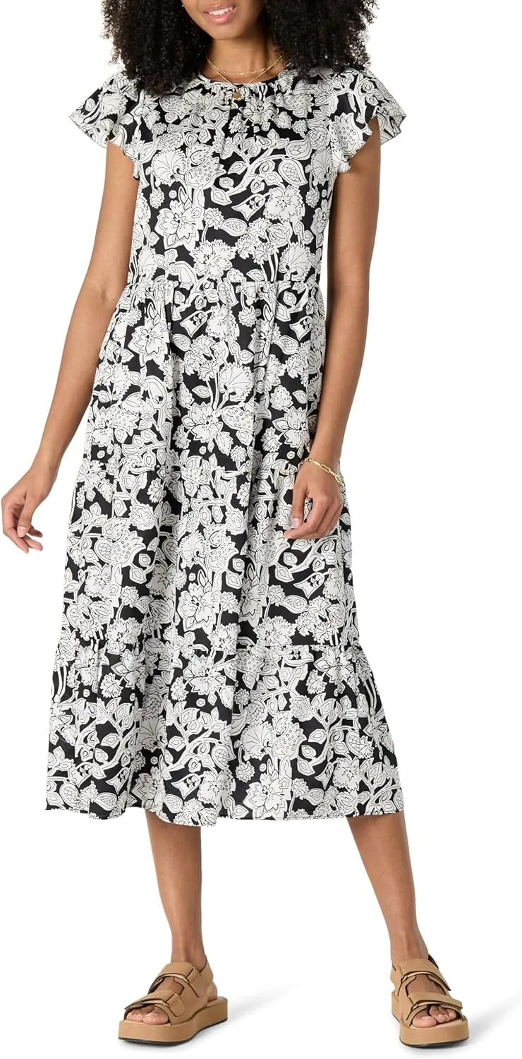 Amazon Essentials Women's Relaxed-Fit Cotton Sateen Crewneck Tiered Midi Dress