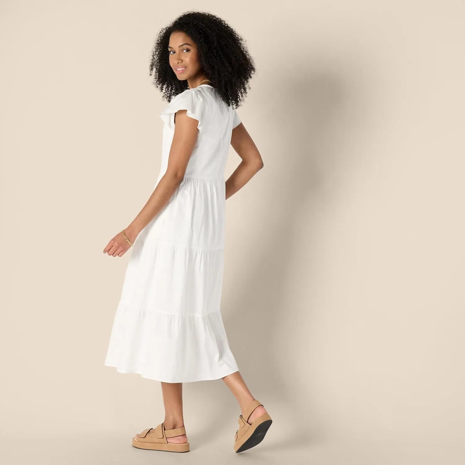 Amazon Essentials Women's Relaxed-Fit Cotton Sateen Crewneck Tiered Midi Dress