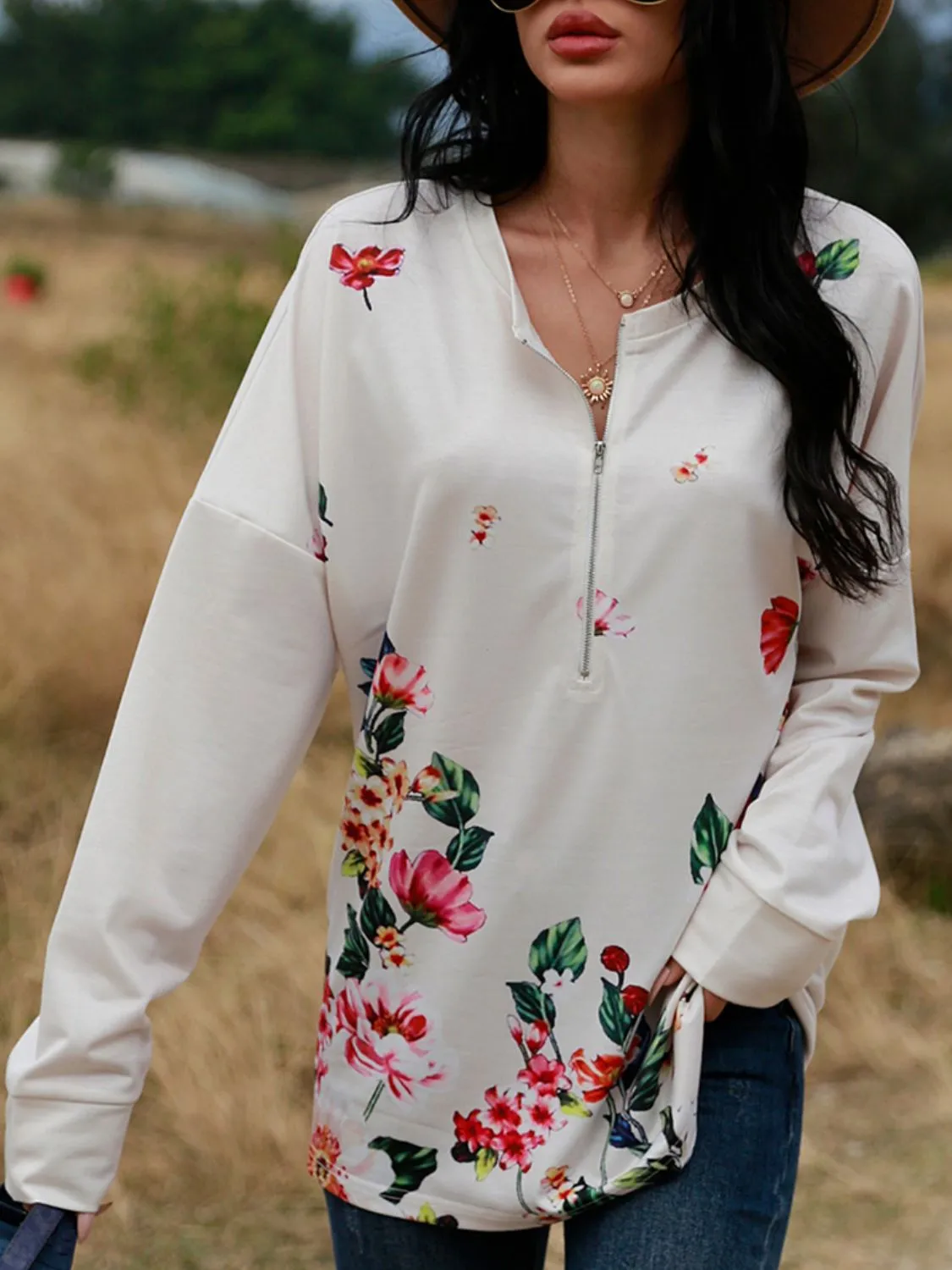 *APP EXCLUSIVE* Floral Print Drop Shoulder Front Zipper Pullover