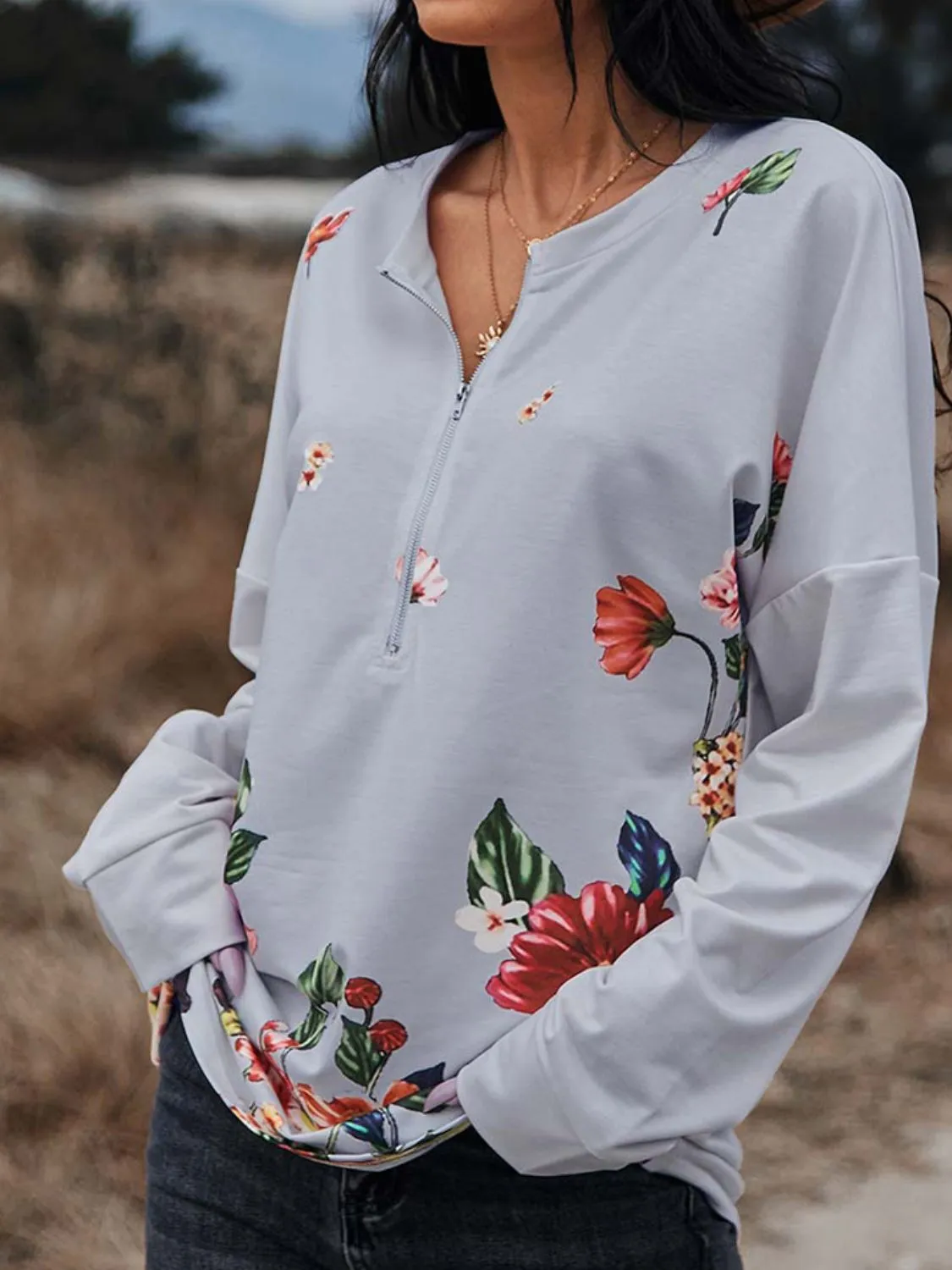 *APP EXCLUSIVE* Floral Print Drop Shoulder Front Zipper Pullover