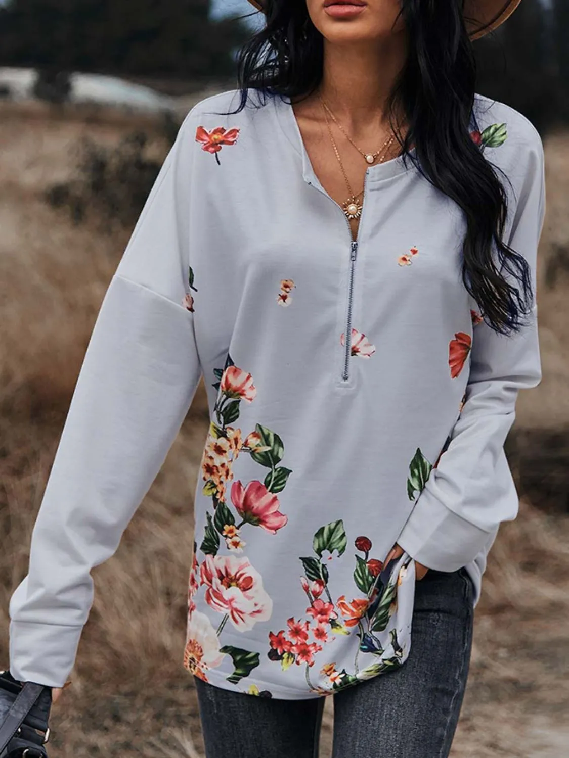 *APP EXCLUSIVE* Floral Print Drop Shoulder Front Zipper Pullover