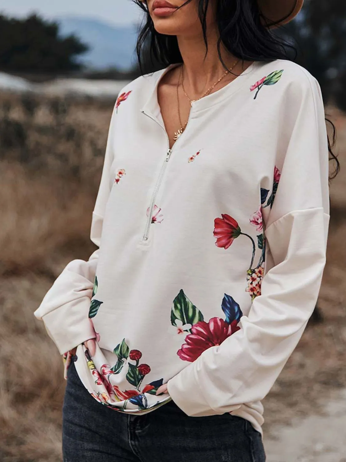 *APP EXCLUSIVE* Floral Print Drop Shoulder Front Zipper Pullover