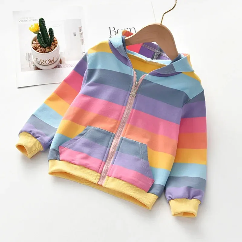 Autumn Baby Girl Outerwear Girls Rainbow Striped Casual Hoodie Zipper Sweatshirt Children Coat Cardigan