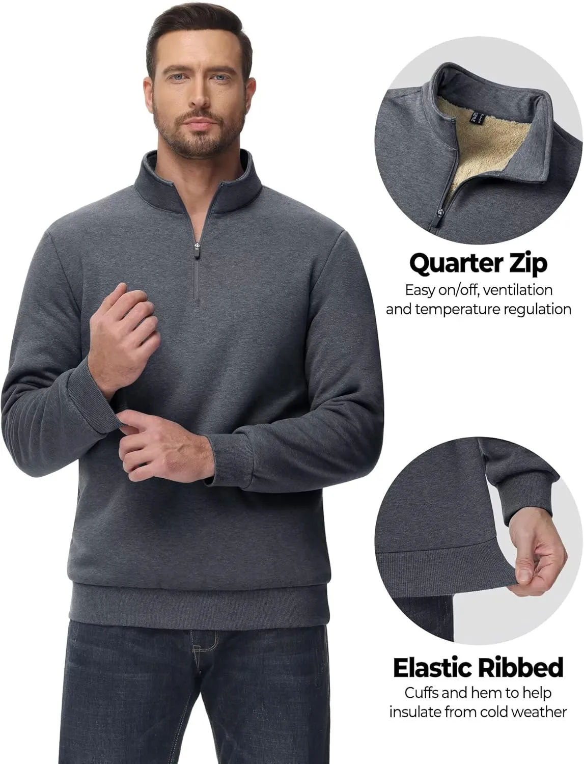 Boladeci Men's Quarter Zip Pullover Premium Sherpa Lined Long Sleeve Golf Shirts for Men Midweight 1/4 Half Zip Sweatshirts