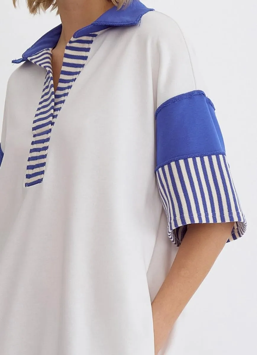 chouyatou Women's Summer V-Neck Polo Collared Mini Dress Loose Casual Striped Splicing T-Shirt Dress