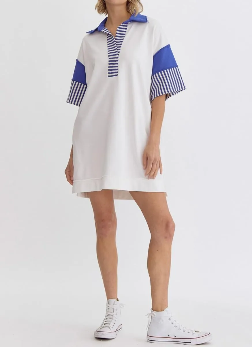 chouyatou Women's Summer V-Neck Polo Collared Mini Dress Loose Casual Striped Splicing T-Shirt Dress