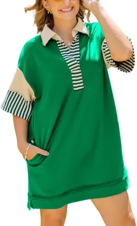 chouyatou Women's Summer V-Neck Polo Collared Mini Dress Loose Casual Striped Splicing T-Shirt Dress