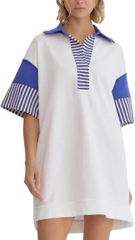 chouyatou Women's Summer V-Neck Polo Collared Mini Dress Loose Casual Striped Splicing T-Shirt Dress
