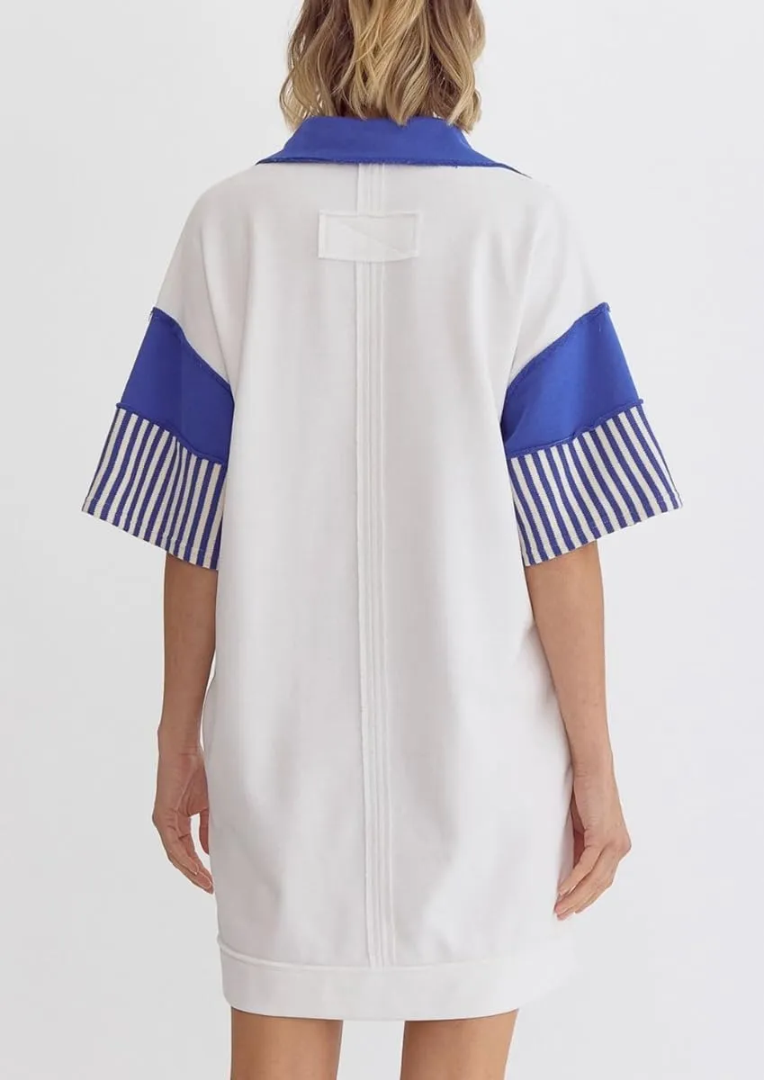 chouyatou Women's Summer V-Neck Polo Collared Mini Dress Loose Casual Striped Splicing T-Shirt Dress