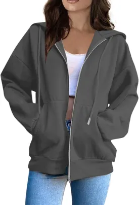 Fashion Hoodies Vintage Zipper Oversized Loose Fit Hoodies Women Long Sleeve Solid Jackets Soft Outdoor Sweatshirt
