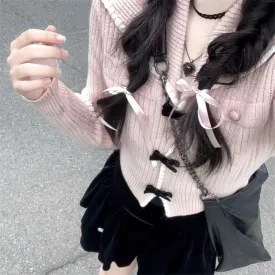 Fashionkova Women Fashion Japanese Style Bow Sweaters Short Length Slim Fit Pink Sweet Cardigan Long Sleeve High Waist Knitted Coats Tops