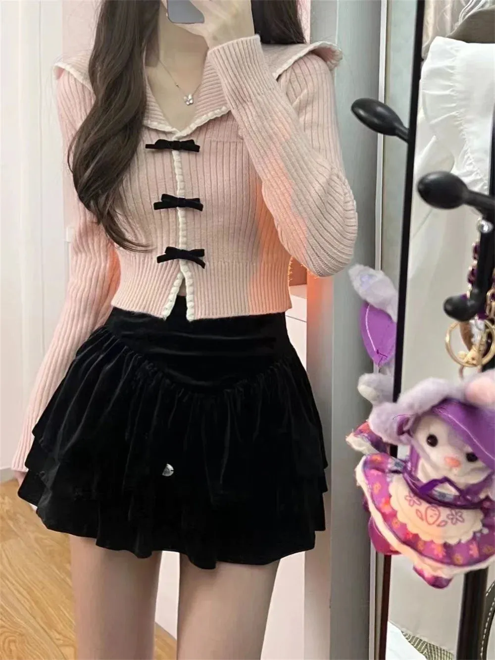 Fashionkova Women Fashion Japanese Style Bow Sweaters Short Length Slim Fit Pink Sweet Cardigan Long Sleeve High Waist Knitted Coats Tops