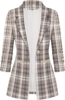 Genhoo Women's Long Sleeve Blazer Open Front Cardigan Jacket Work Office Blazer with Zipper Pockets S-3XL