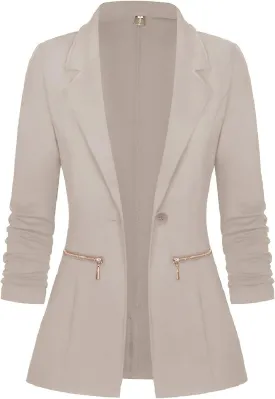 Genhoo Women's Long Sleeve Blazer Open Front Cardigan Jacket Work Office Blazer with Zipper Pockets S-3XL