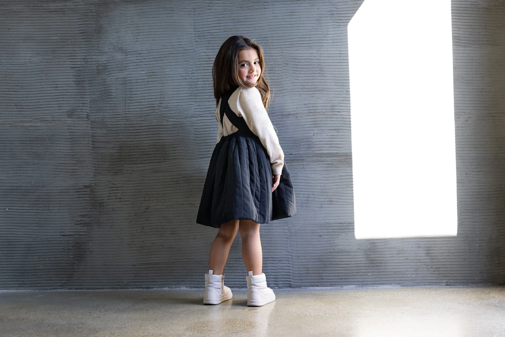 Girls Quilted Poplin Pinafore Dress - Black