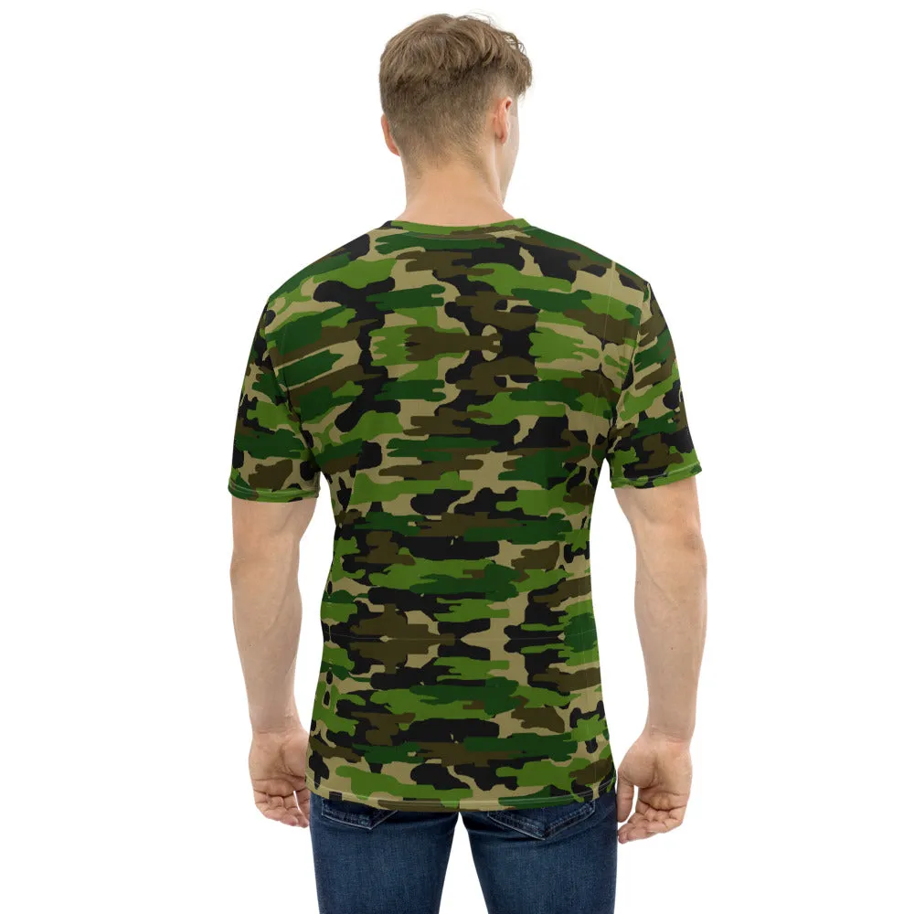 Green Camo Print Men's T-shirt, Green Brown Camouflaged Military Army Print Premium Shirts-Made in USA/EU