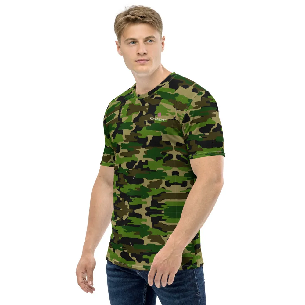 Green Camo Print Men's T-shirt, Green Brown Camouflaged Military Army Print Premium Shirts-Made in USA/EU