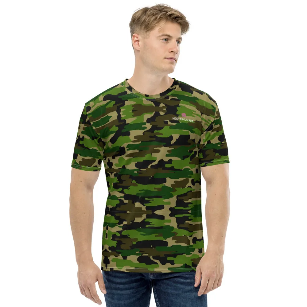Green Camo Print Men's T-shirt, Green Brown Camouflaged Military Army Print Premium Shirts-Made in USA/EU