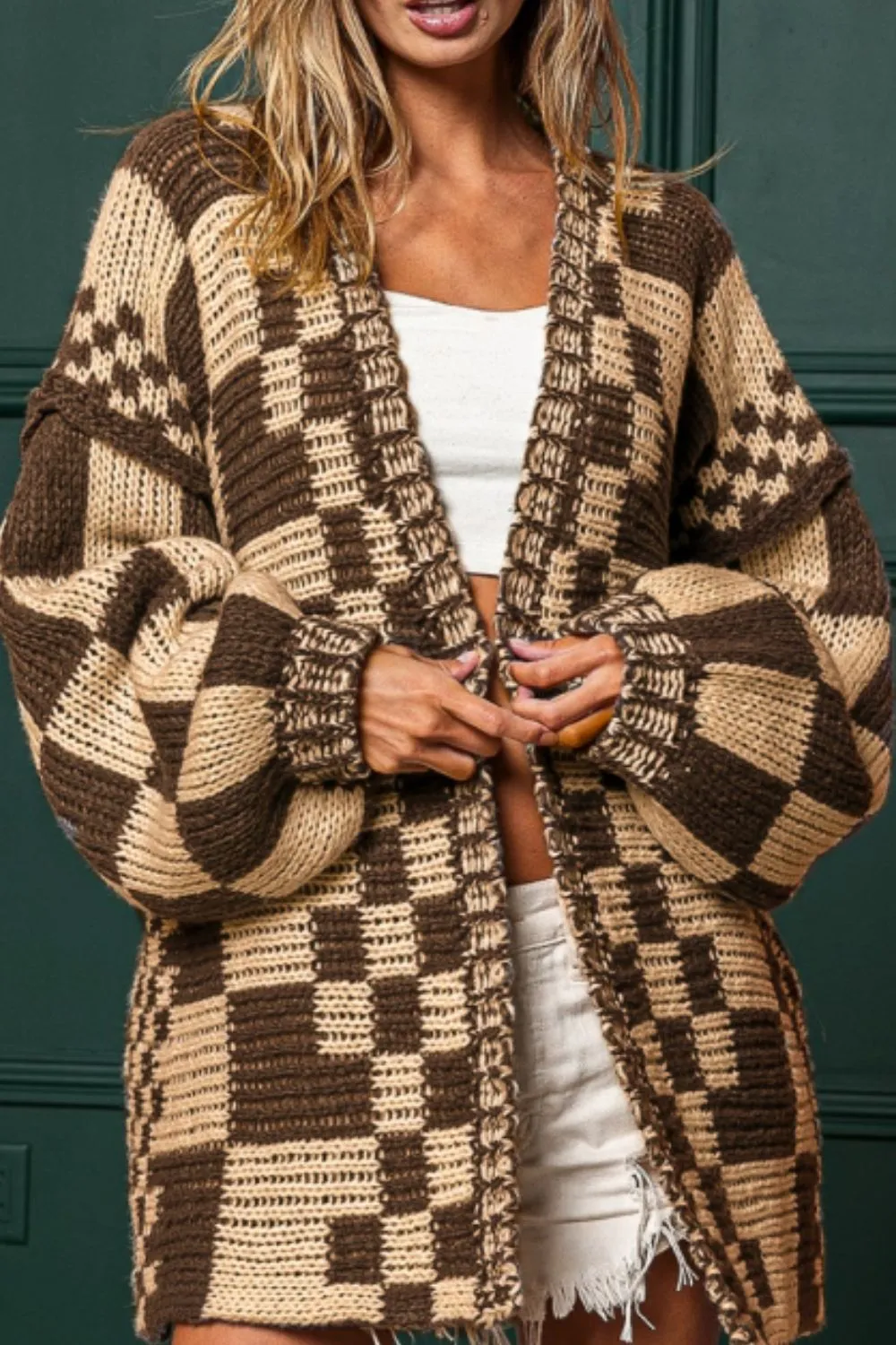 kesley Red Checkered Open Front Long Sleeve Sweater Women's Fashion Open Cardigan