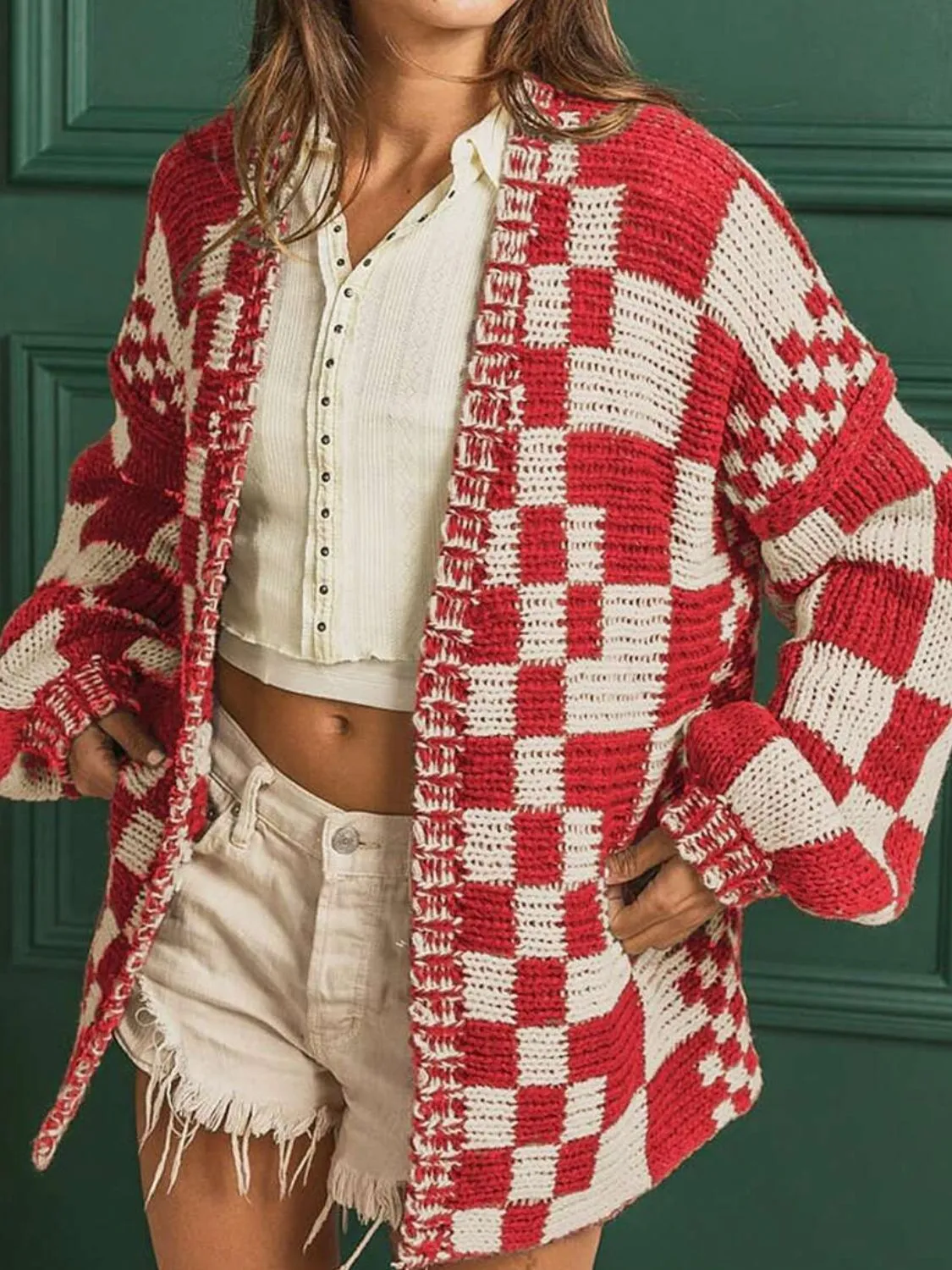 kesley Red Checkered Open Front Long Sleeve Sweater Women's Fashion Open Cardigan