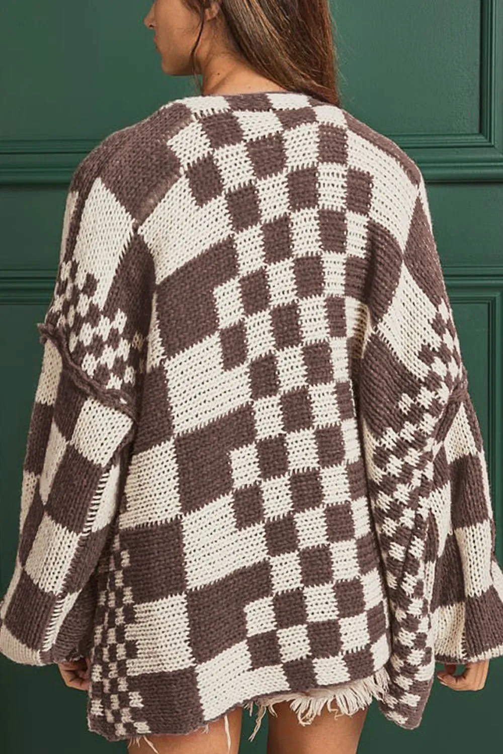 kesley Red Checkered Open Front Long Sleeve Sweater Women's Fashion Open Cardigan