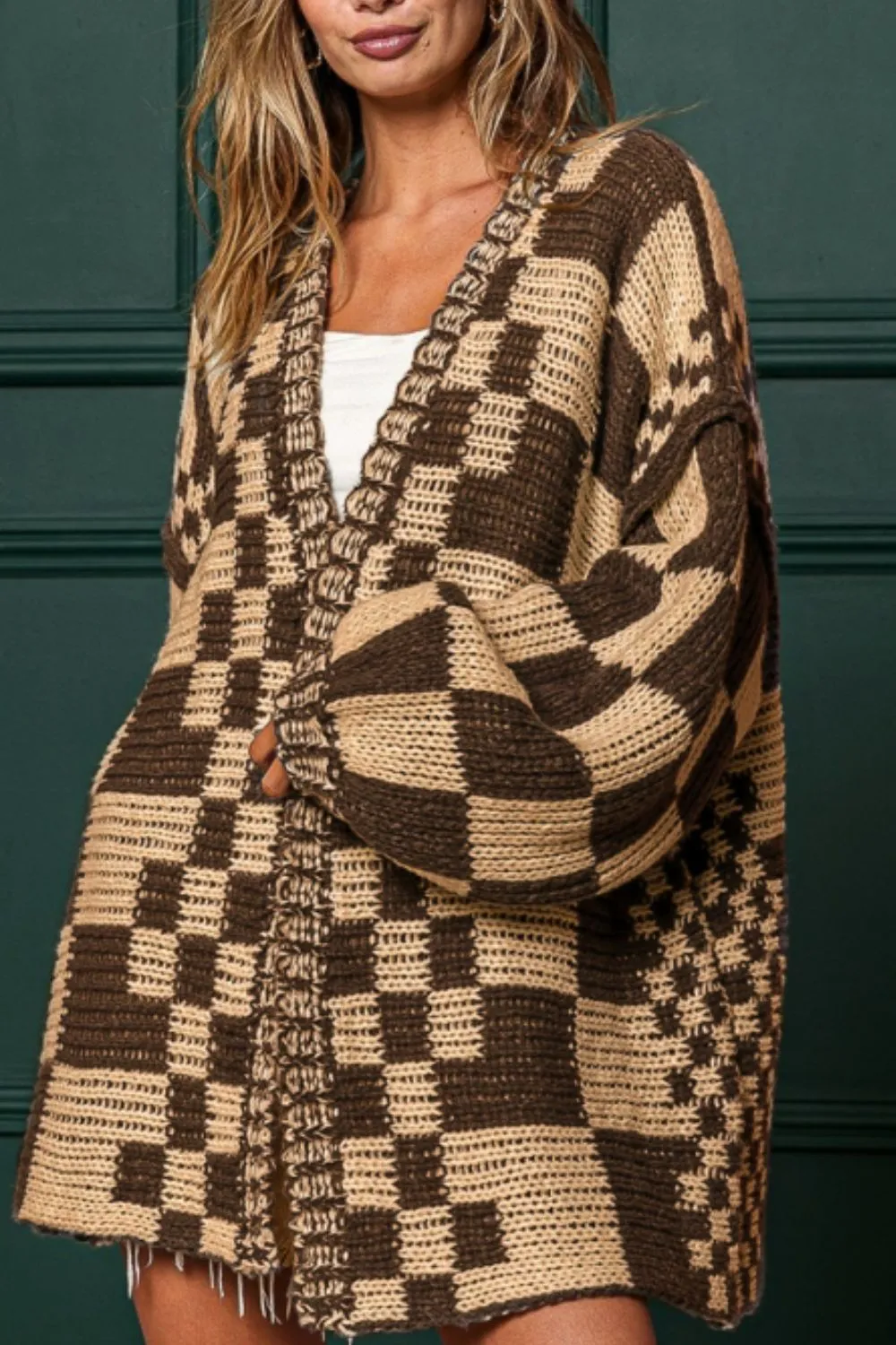 kesley Red Checkered Open Front Long Sleeve Sweater Women's Fashion Open Cardigan