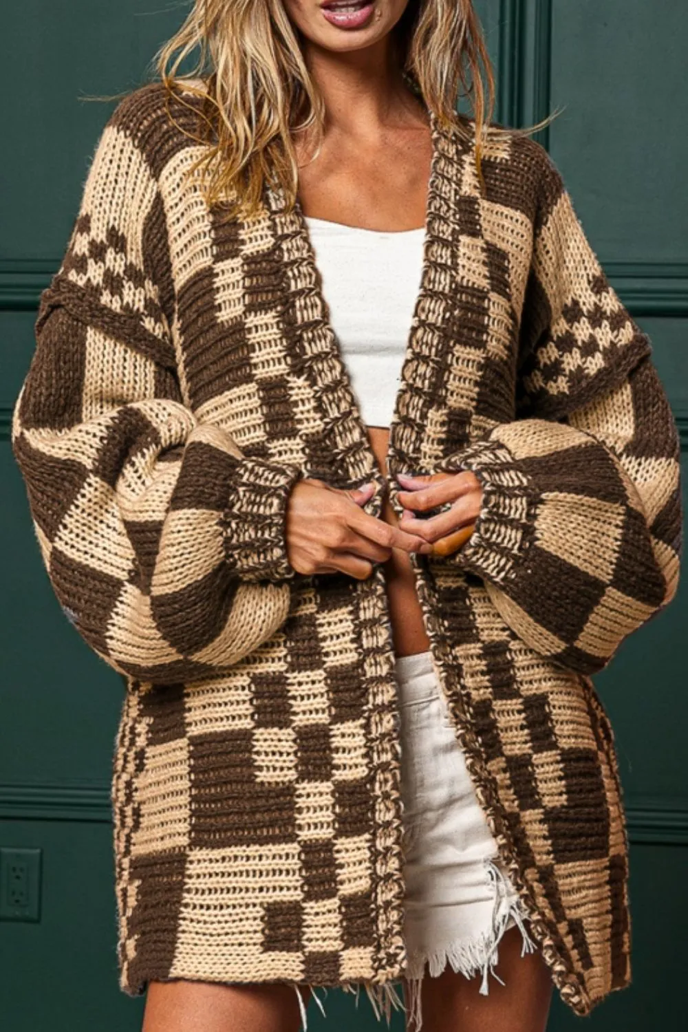 kesley Red Checkered Open Front Long Sleeve Sweater Women's Fashion Open Cardigan