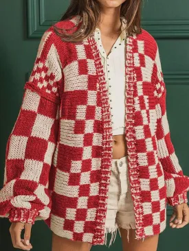 kesley Red Checkered Open Front Long Sleeve Sweater Women's Fashion Open Cardigan