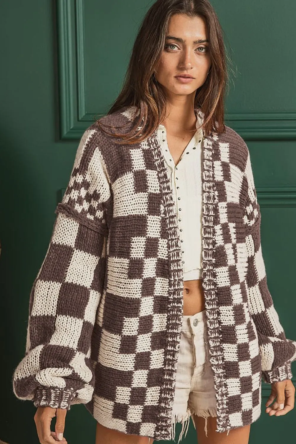 kesley Red Checkered Open Front Long Sleeve Sweater Women's Fashion Open Cardigan