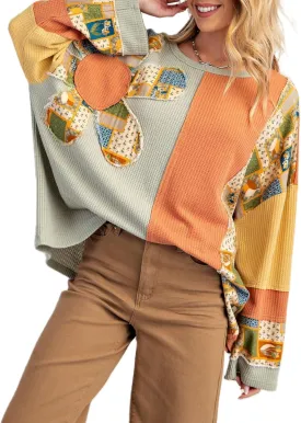 KMBANGI Women Y2K Color Block Sweatshirt Vintage Long Sleeve Patchwork Floral Crew Neck Top Casual Oversized Sweatshirt