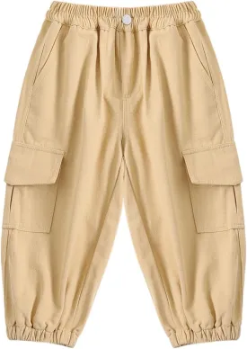 Little Boys Cargo Jogger Pants Toddler Kids Multi Pocket Twill Casual Trousers with Elastic Hem (Age 2-7Years)