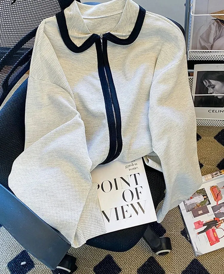 Metaversmall Zipper Black Stripe Patchwork Women Hoodies High Street White Sweatshirt Polo Collar Zip-up Cardigan Female Jacket M-XL