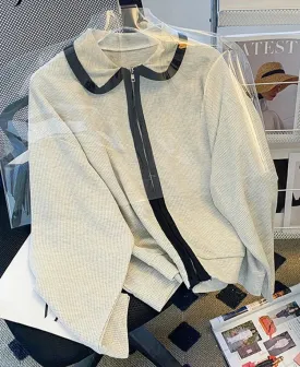 Metaversmall Zipper Black Stripe Patchwork Women Hoodies High Street White Sweatshirt Polo Collar Zip-up Cardigan Female Jacket M-XL