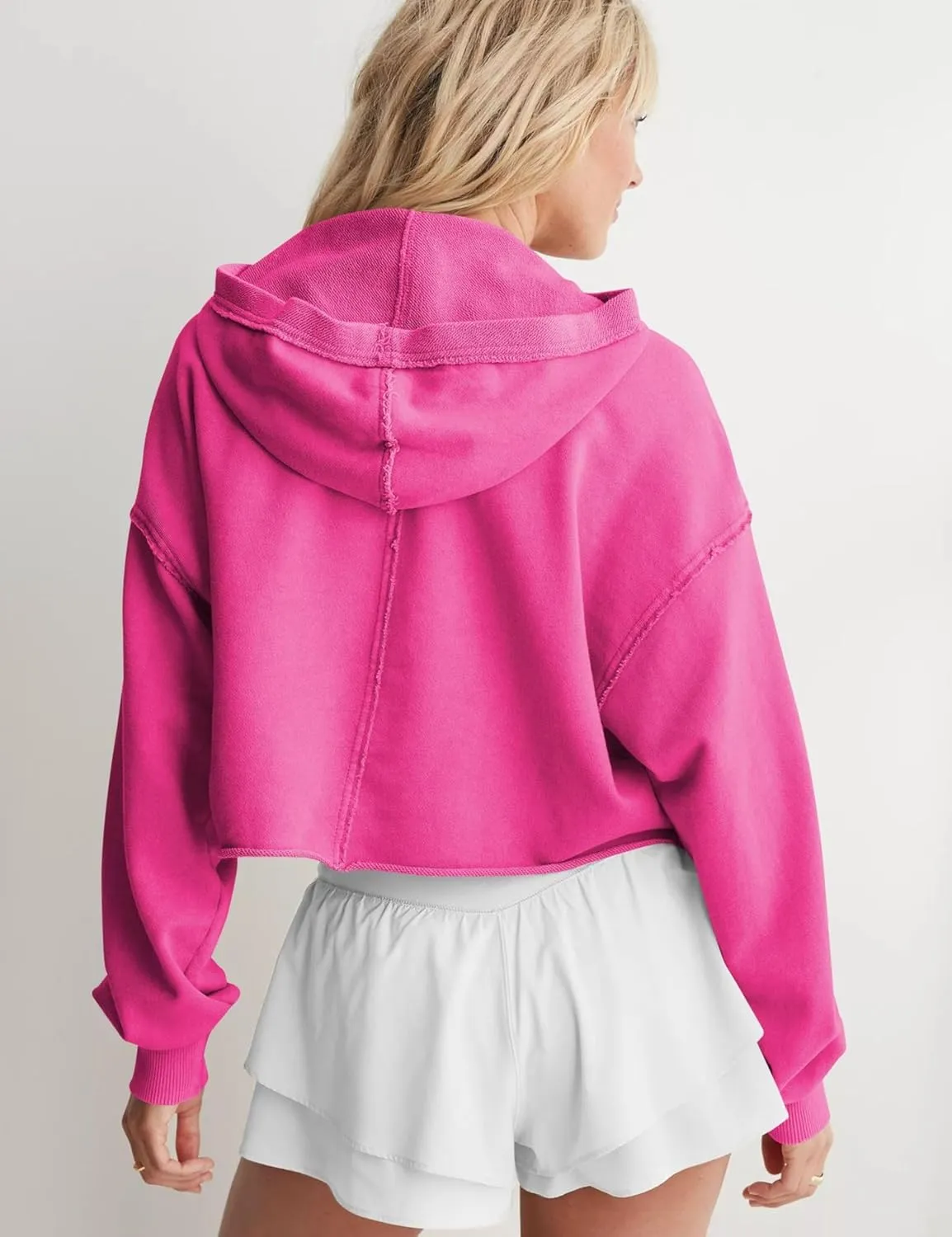 Mingzhu Womens Cropped Sweatshirt Loose V Neck Hoodies Casual Long Sleeve Workout Hooded Sweatshirt Tops