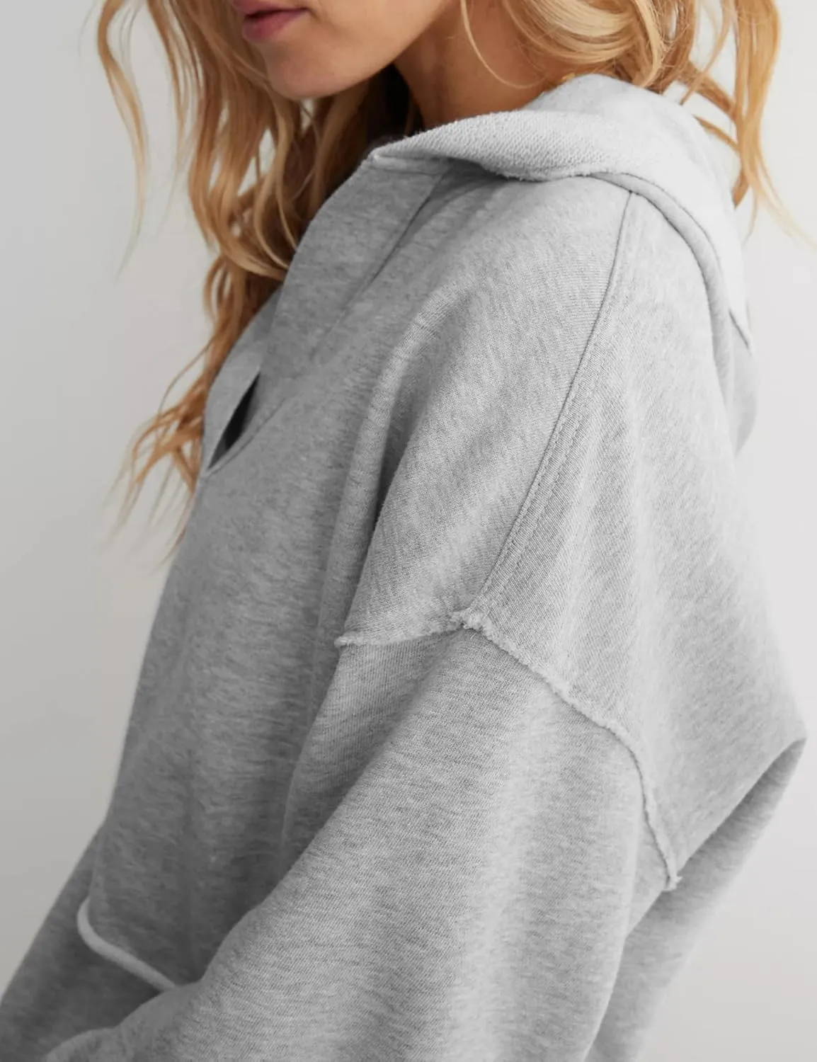 Mingzhu Womens Cropped Sweatshirt Loose V Neck Hoodies Casual Long Sleeve Workout Hooded Sweatshirt Tops