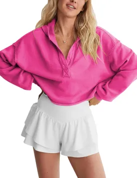 Mingzhu Womens Cropped Sweatshirt Loose V Neck Hoodies Casual Long Sleeve Workout Hooded Sweatshirt Tops