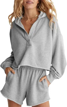Mingzhu Womens Cropped Sweatshirt Loose V Neck Hoodies Casual Long Sleeve Workout Hooded Sweatshirt Tops