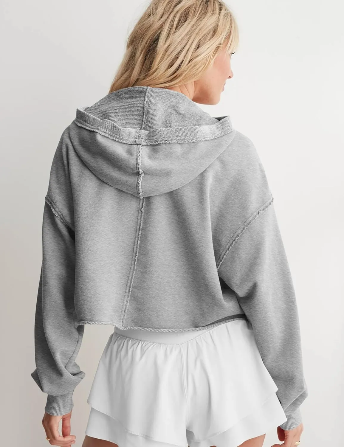 Mingzhu Womens Cropped Sweatshirt Loose V Neck Hoodies Casual Long Sleeve Workout Hooded Sweatshirt Tops