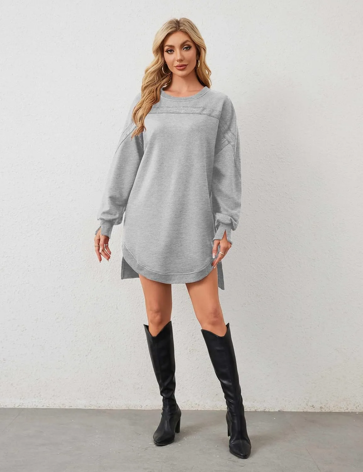 MISSACTIVER Women Sweatshirt Dress Crew Neck Long Sleeve Mini Dresses Oversized Drop Shoulder Side Split Pullover Tops