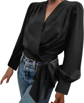 Miyaomn Womens Elegant Long Lantern Sleeve V Neck Wrap Top Draped Front Tied Waist Peplum Blouse Solid Ruched Knot Side Shirt