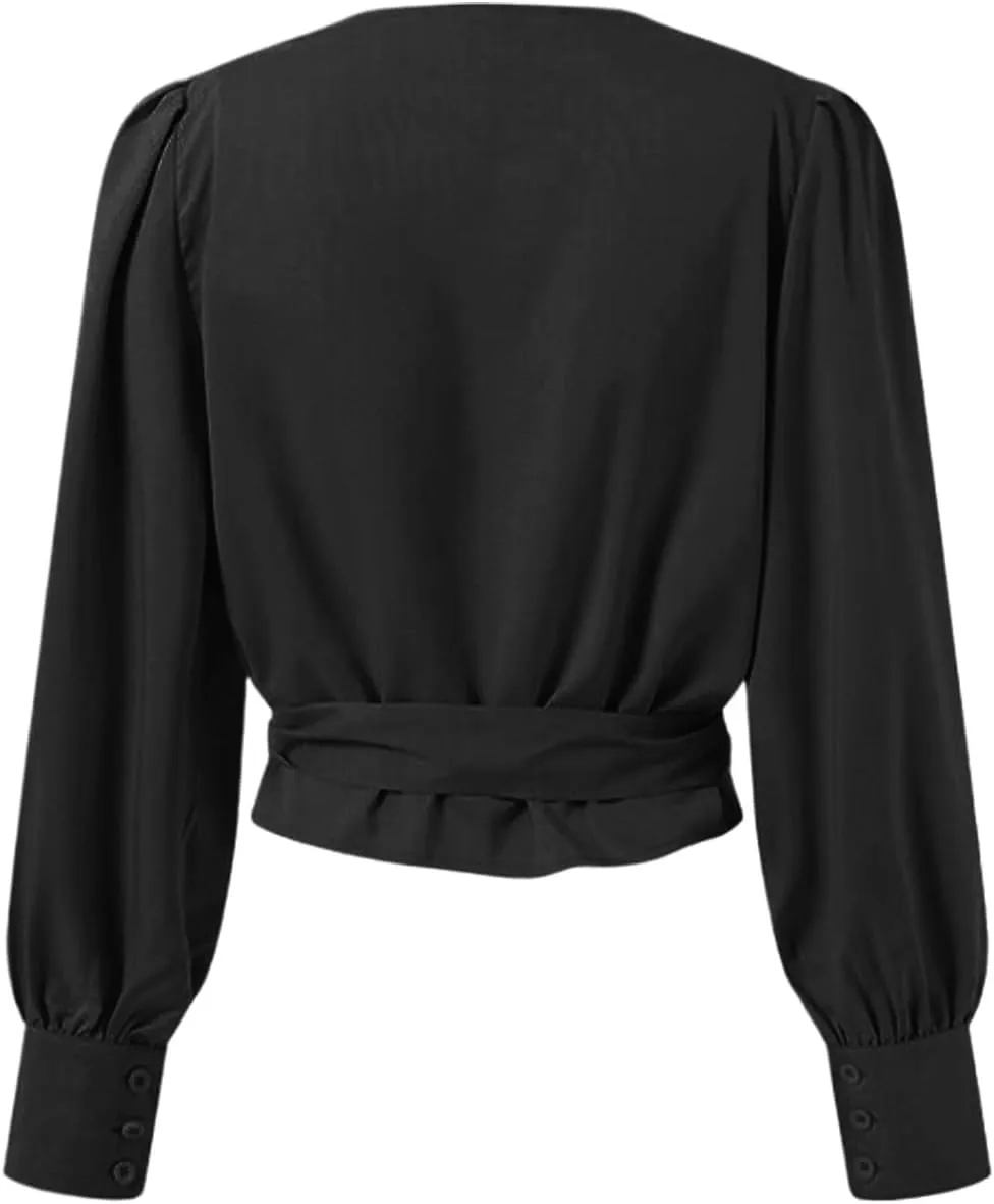 Miyaomn Womens Elegant Long Lantern Sleeve V Neck Wrap Top Draped Front Tied Waist Peplum Blouse Solid Ruched Knot Side Shirt