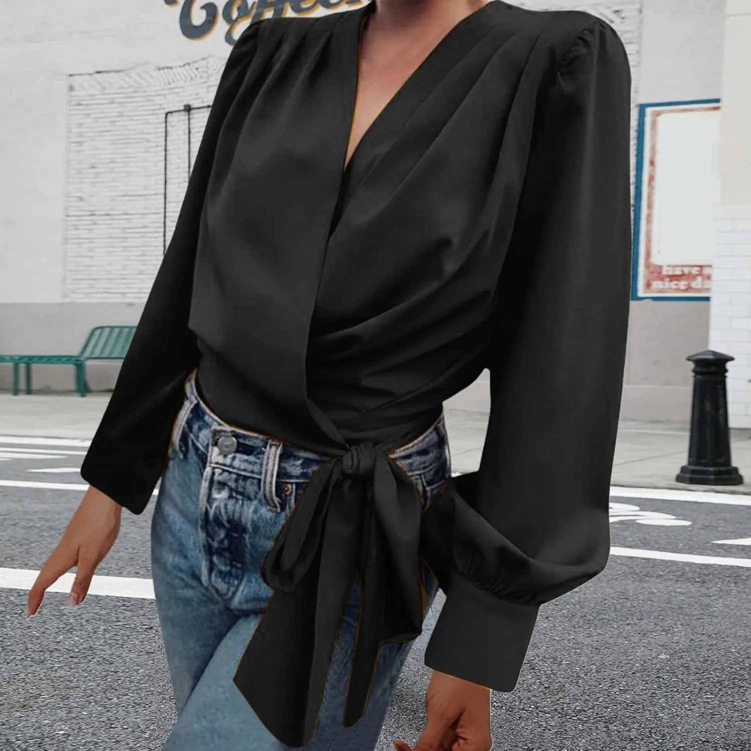 Miyaomn Womens Elegant Long Lantern Sleeve V Neck Wrap Top Draped Front Tied Waist Peplum Blouse Solid Ruched Knot Side Shirt