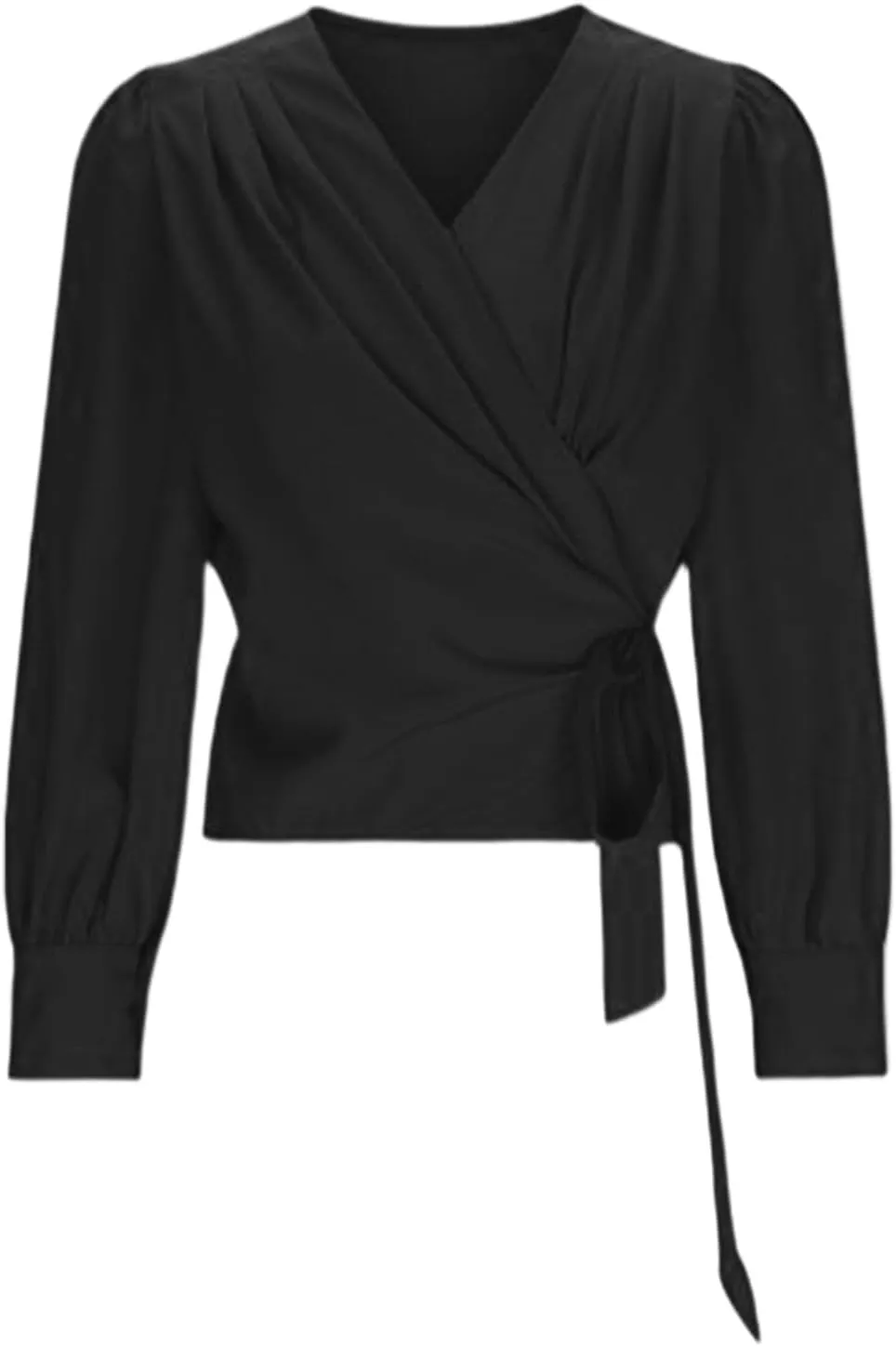 Miyaomn Womens Elegant Long Lantern Sleeve V Neck Wrap Top Draped Front Tied Waist Peplum Blouse Solid Ruched Knot Side Shirt