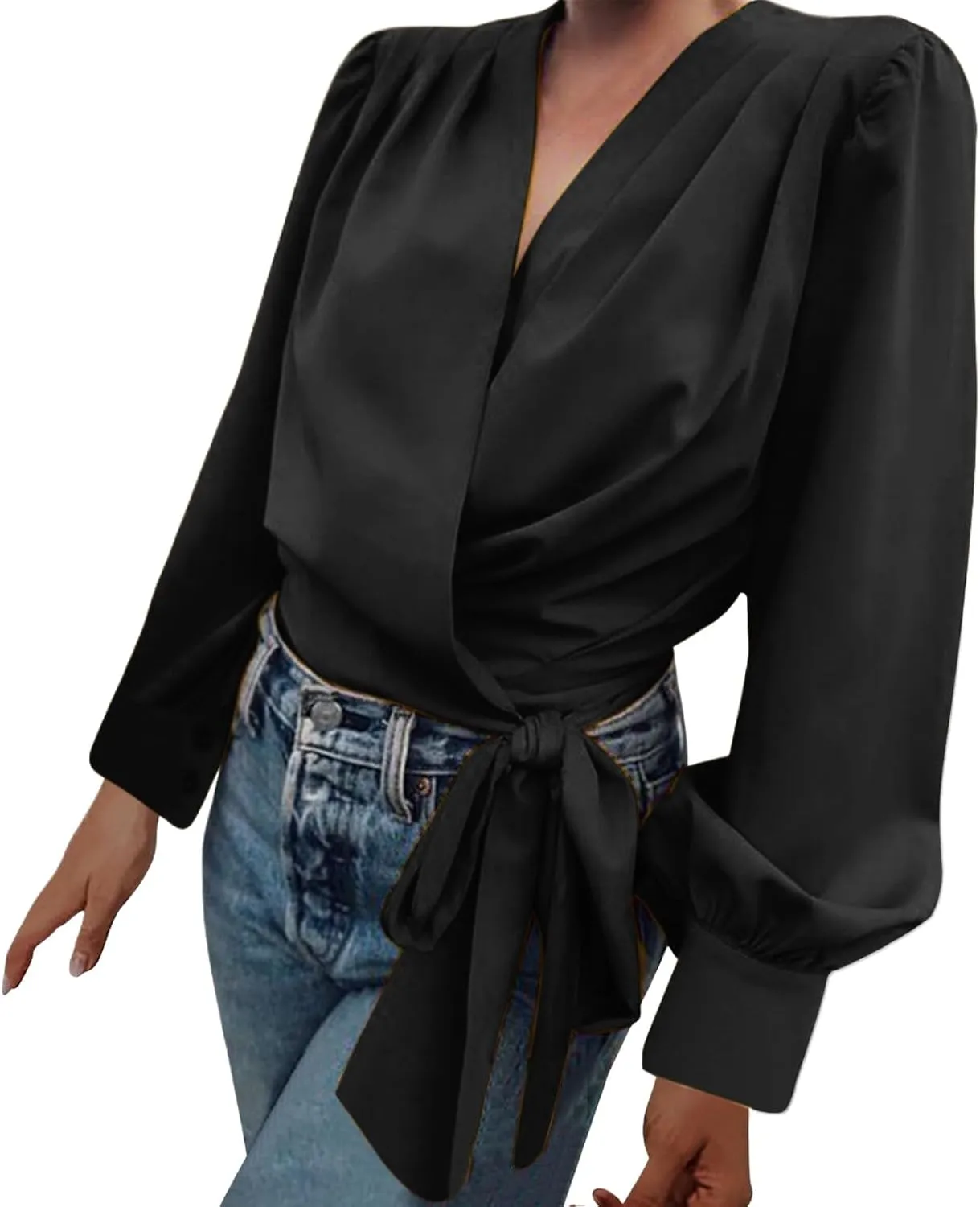 Miyaomn Womens Elegant Long Lantern Sleeve V Neck Wrap Top Draped Front Tied Waist Peplum Blouse Solid Ruched Knot Side Shirt