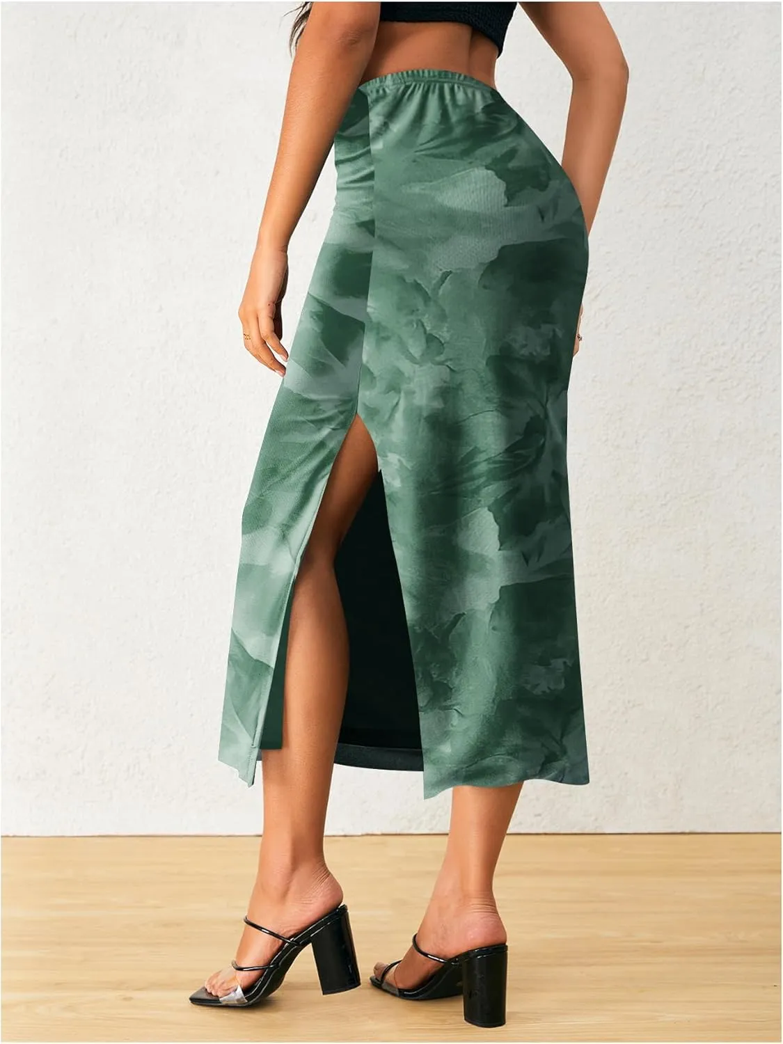 OYOANGLE Women's Tie Dye High Elastic Waist Bodycon Long Skirt Boho Split Side Maxi Skirts