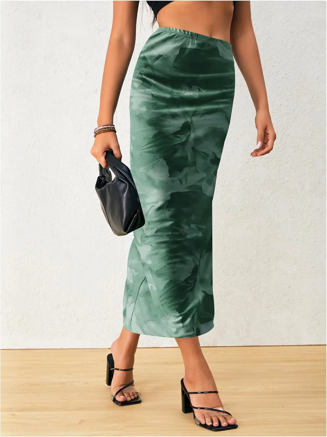 OYOANGLE Women's Tie Dye High Elastic Waist Bodycon Long Skirt Boho Split Side Maxi Skirts
