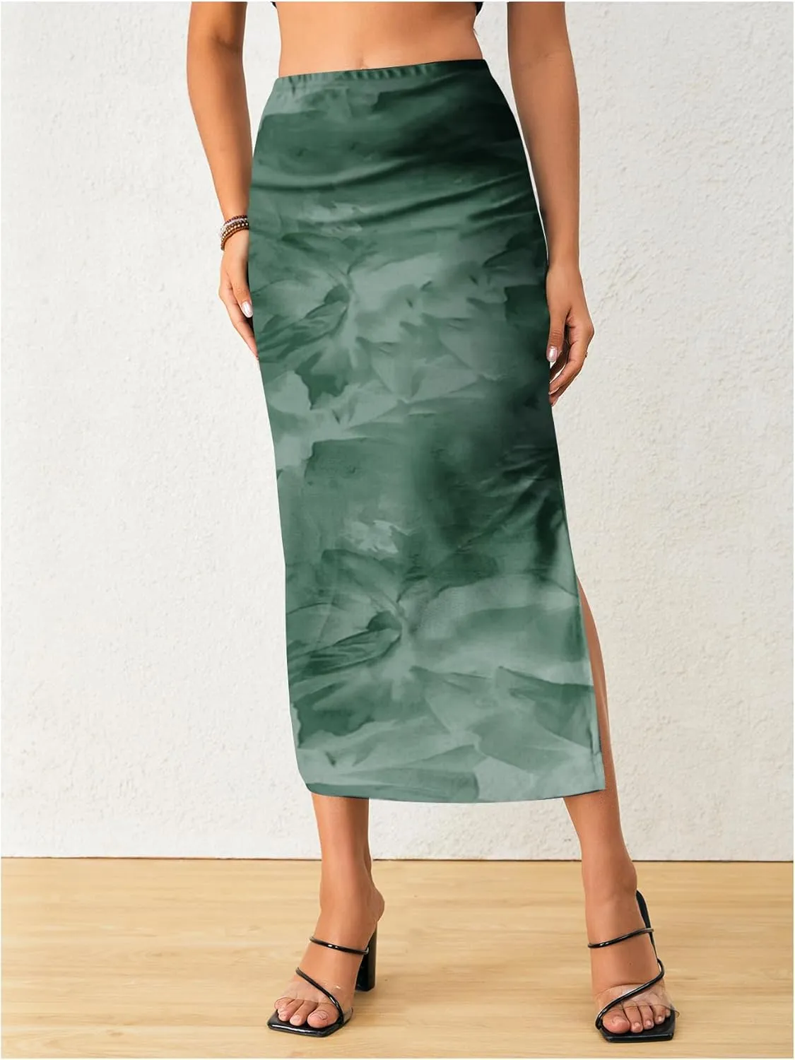 OYOANGLE Women's Tie Dye High Elastic Waist Bodycon Long Skirt Boho Split Side Maxi Skirts