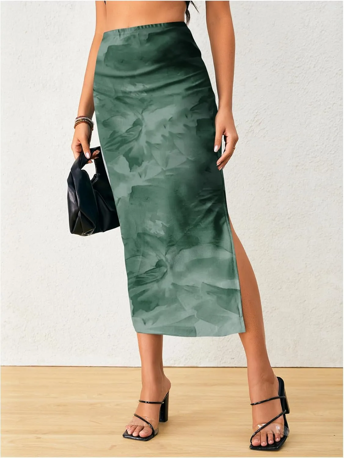 OYOANGLE Women's Tie Dye High Elastic Waist Bodycon Long Skirt Boho Split Side Maxi Skirts