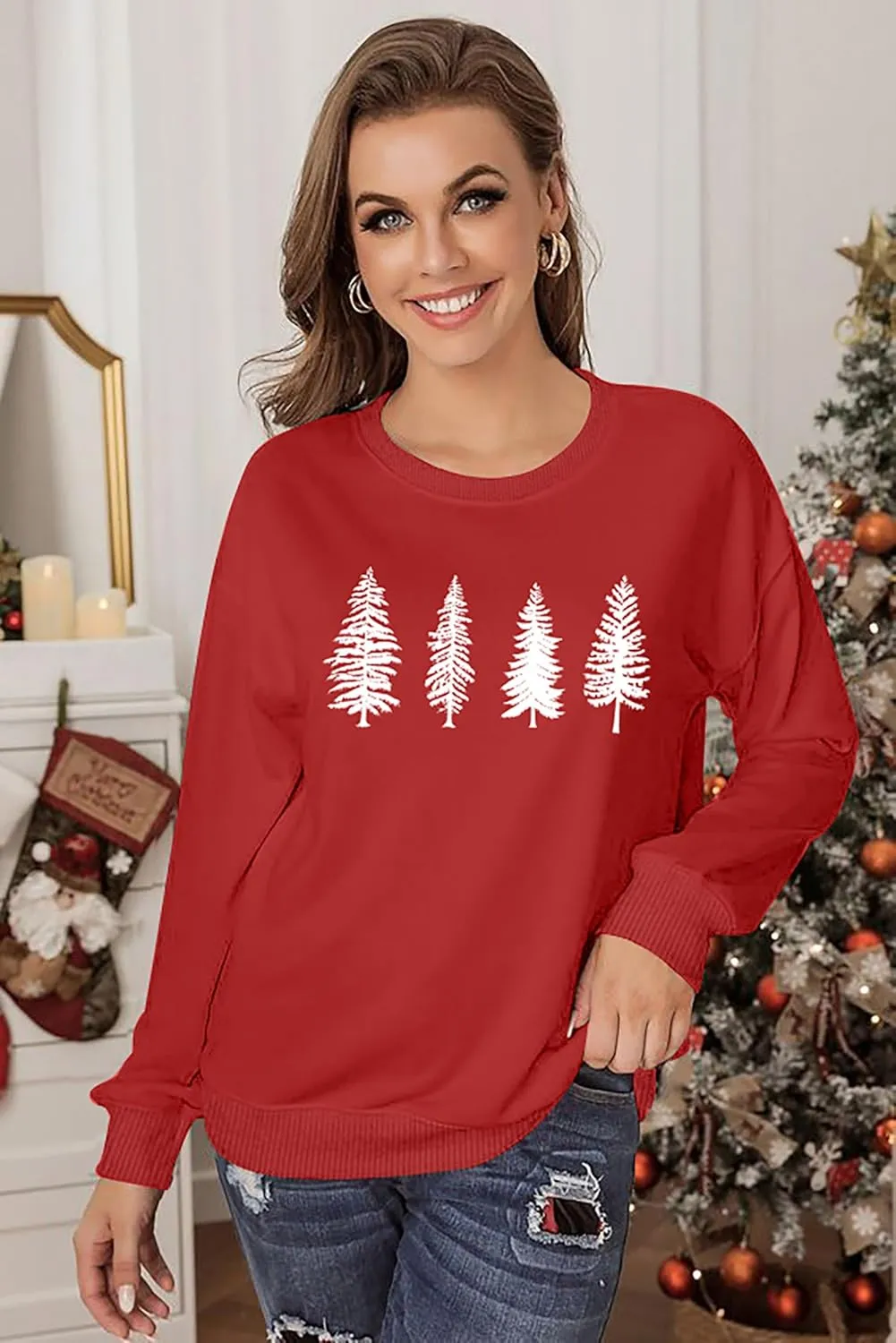 PECHAR Christmas Tree Sweatshirts Women Pine Tree Print Shirts Nature Lover Gift Casual Tee Long Sleeve Xmas Pullover